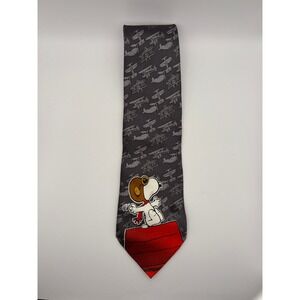 Peanuts Snoopy Flying Ace Silk Tie Grey Red Doghouse Biplane Vintage Comic Strip